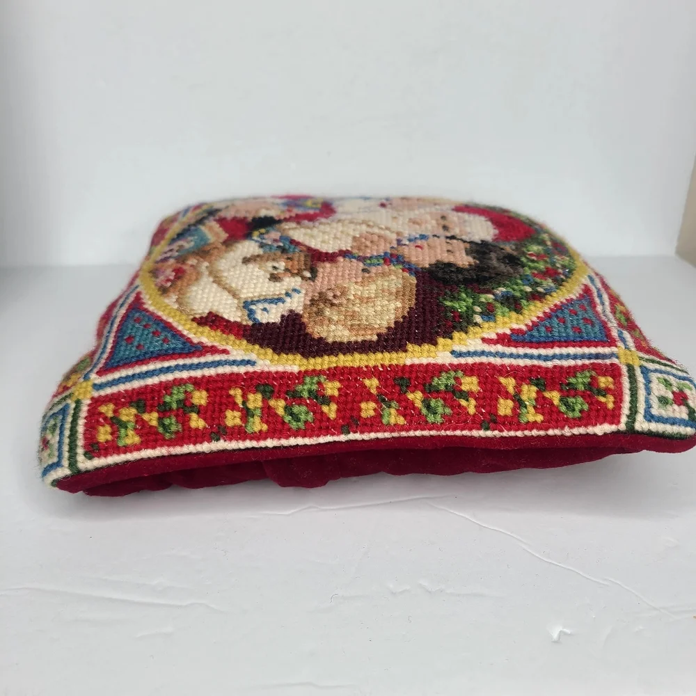 Vintage Christmas Needlepoint Santa and Children‎ Small Accent Pillow